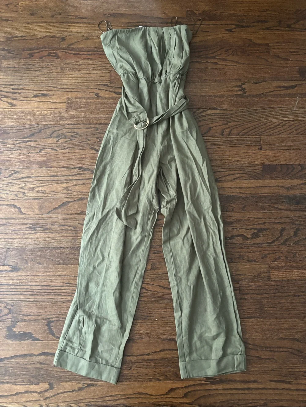 Zara Olive Green Linen Blend Jumpsuit Strapless Large